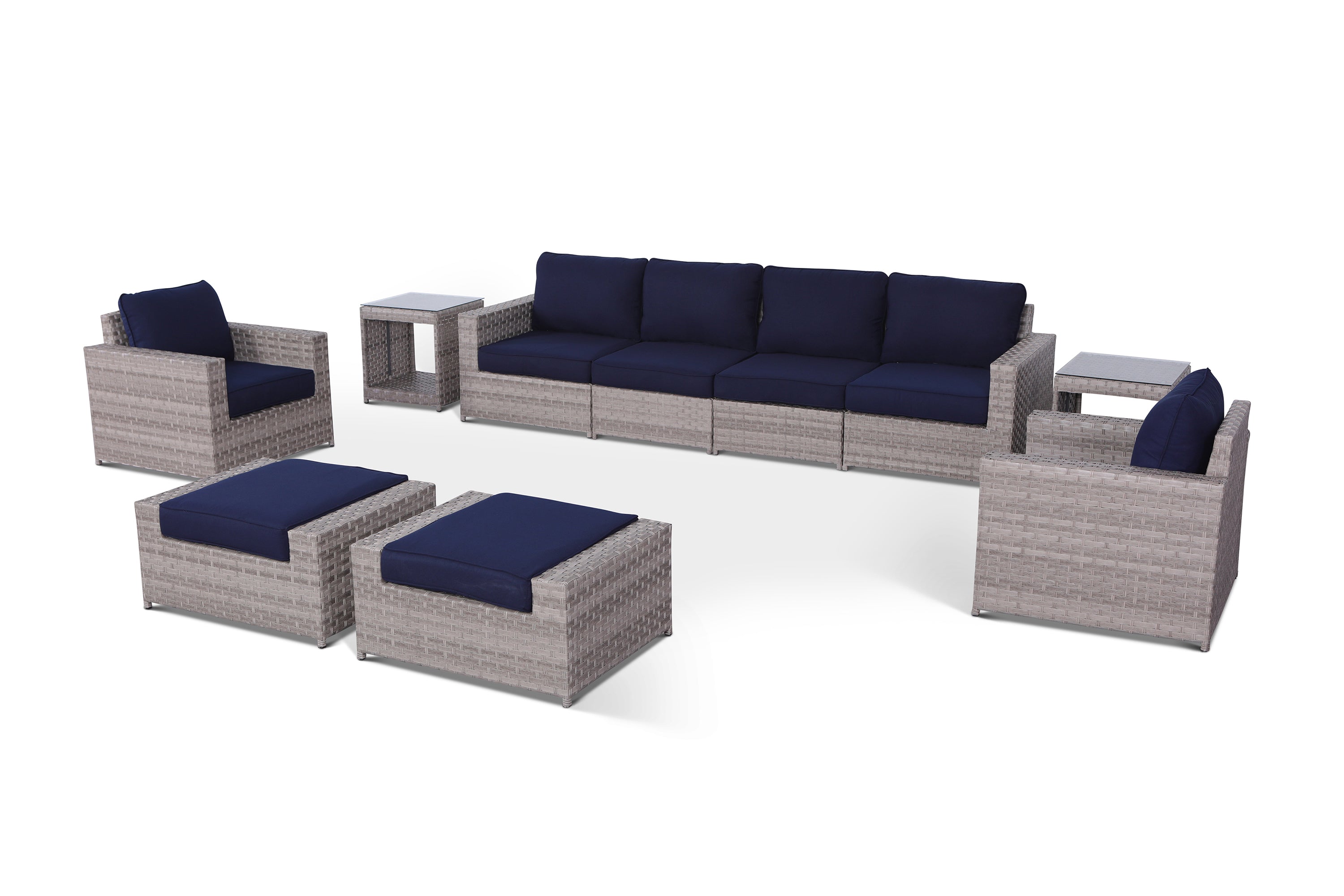 Kensington Navy 10 Piece Outdoor Wicker Large Sofa Set with End Tables